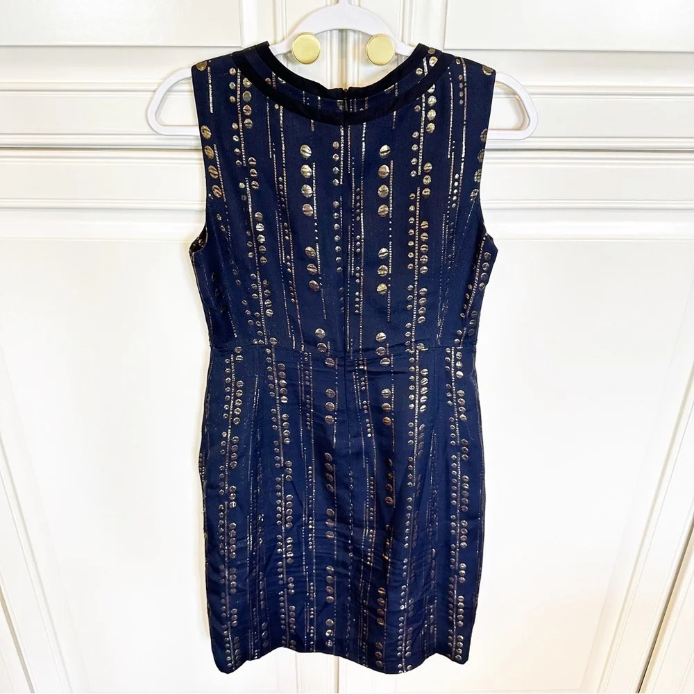 Tory Burch Women’s Navy Gold Metallic Silk Shift Dress Knee Length Cocktail SZ 8
